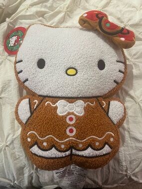 Hello Kitty Plush Pillow in White and Brown with Red Tag XMass